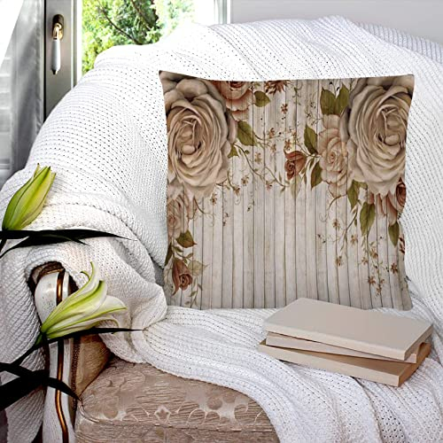 Kissenbezug 45x45 cm,Rose Floral Retro Big Rose Blütenblätter Blümchen Holzbrett Hintergrund, Kissenbezug Dekorative Quadrat Sofa Kissenbezug für Home Decor Favor, mit unsichtbarem Reißverschluss