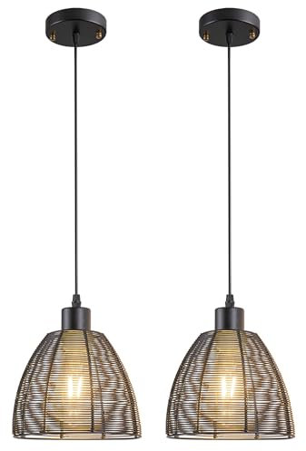 Nekhung Battery Operated Pendant Light with Remote-2 Pack Hanging Lights Handmade Metal Not Hardwired, 30+ Hours Battery Powered Rechargeable Light Bulbs Good for Kitchen Island Living Room (Color