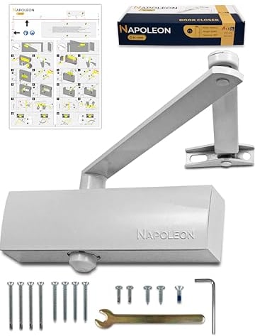NAPOLEON N-1000 Robust Automatic Door Closer - EN1154/EN1634 Standards - Commercial & Residential - Door from 20Kg to 60Kg Size 3 - Drilling Template - Easy and Quick Installation (White)