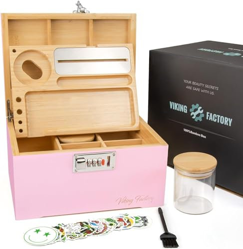Viking Factory® Large Lockable Bamboo Storage Box with Combination Lock, Decorative Organizer for Jewelry, Medicine & Tools, Includes Tray, Glass Jars & Accessories