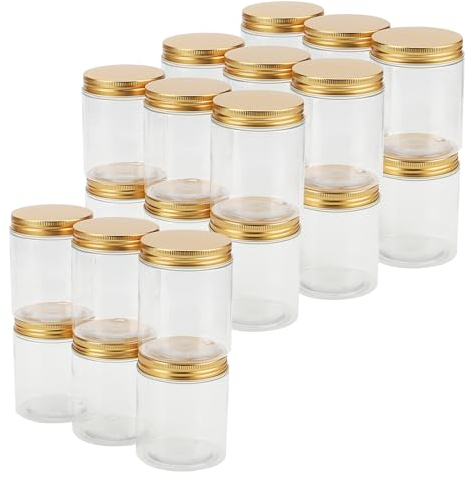 LEXININ 24 Pack 250ml Plastic Storage Jars with Gold Lids, Wide Mouth Plastic Empty Containers for Spices