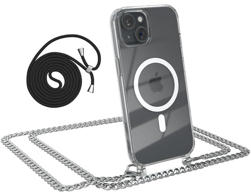 EAZY CASE - Handykette kompatibel mit iPhone 15 Kette zum Umhängen Stoßfest Handyhülle für iPhone 15 Silikon Hülle mit Band aus Metall Transparent als Fallschutz in Metall - Silber