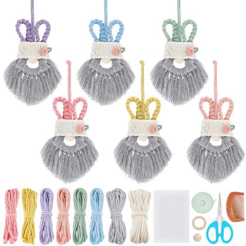 INFUNLY 6 Sets Kaninchen-Makramee-Set Für Anfänger DIY Kleines Häschen-Zwerg-Makramee-Set Gewebte Makramee-Sets Mit Ostermotiv Für Erwachsene Anleitung Inklusive Oster-Kaninchen-Makramee-Set