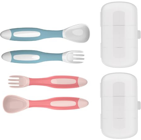 2 Piezas Cuchara De Aprendizaje Para Bebé,Cuchara De Aprendizaje Para Bebé De 6 a 12 Meses, Cubertos De Aprendizaje Para Bebé Con Caja De Almacenamiento Para Un Fácil Almacenamiento (Blanco + Rosa)