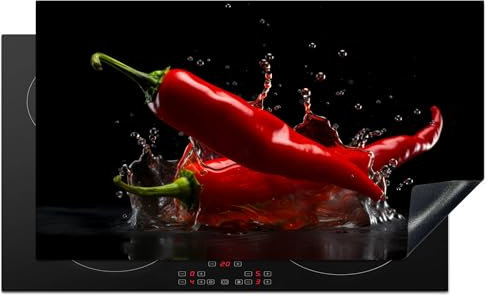 KitchenYeah© Herdabdeckplatte Einteilig Ceranfeld Abdeckplatte Küche Deko Ceranfeldabdeckung Herdabdeckung Induktionsmatte Paprika - Rot - Schwarz - Wasser - Gemüse - 91.6x52.7 cm