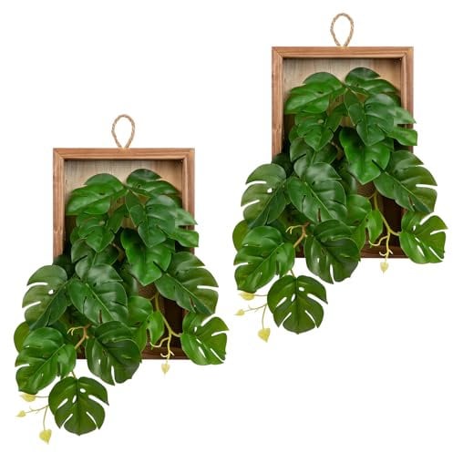 Hollyone 2 plantas artificiales colgantes con marco de madera, plantas falsas de doble uso, plantas de interior falsas, vegetación para escritorio, baño, pared de dormitorio, decoración de cocina