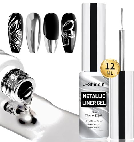 U-Shinein Metallic Painting Gel, Nail Art 3D Mirror Effect Gel Nail Polish, Painted Drawing Gel, Build in Thin Brush Soak Off Silver Gel for Salon Home DIY Manicure, Ultra-bright Silver