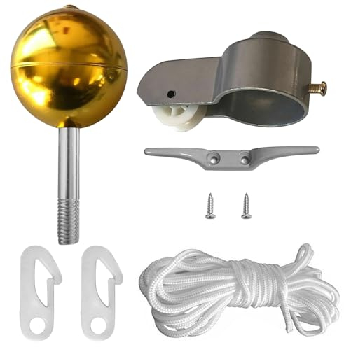 TWSOUL Fahnenmast Zubehör Set,Fahnenmast Reparaturset,Fahnenmast-Reparaturteile inkl.Kugel,Karabiner,Klampe,Topper aus Aluminium mit Seilrolle Flag Parts Kit Ersatzteile Flaggenmast (Kunststoff Seil)