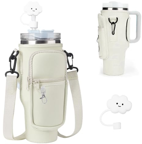 NICEWAT Tasche für Stanley Cup 40oz, Tragetasche für Stanley Becher mit Handytasche, Strohhülle und verstellbar Schultergurt, Wasserflaschenhalter für Wandern Laufen Radfahren (Mandel)