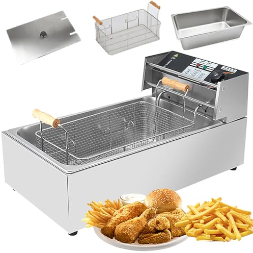 Friteuse éLectrique Commerciale,Friteuse De Comptoir En Acier Inoxydable De 20 L Avec Panier Et Couvercle Pour Chips, Frites, Beignets Et Plus Encore,ContrôLe De TempéRature RéGlable (60-200 ℃)