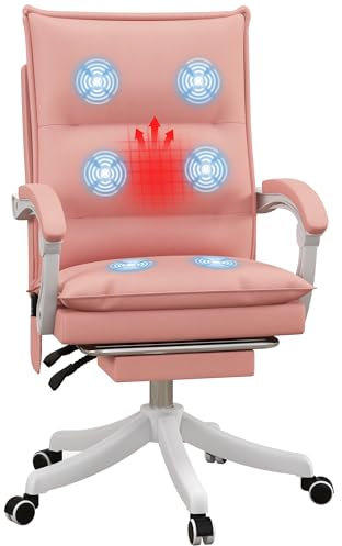 Vinsetto Massage Office Chair with Heat, 135° Reclining Faux Leather Computer Desk Chair with Footrest, Armrest and Backrest, Pink
