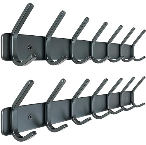 Honsky Garderobenhaken-Schwere,Garderobenleiste,Wandgarderobe,Hakenleiste mit 7 Doppelte Haken,Hakenleiste Garderobe für Jacken,Mäntel,Schals, Schwarz(2 Stück)