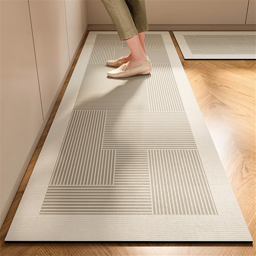 Highdi Linienmuster Küchenläufer, Saugfähig Läufer Flu Teppich Küche Flur Teppich Läufer, Waschbar Teppich Küche, rutschfest Küchenteppich,für Eingangsbereich Esszimmer (Khaki,60x180cm)