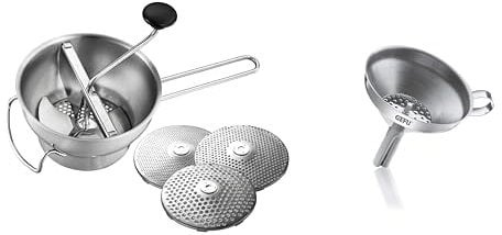 Küchenhelfer Set: GEFU Passiergerät Flotte Lotte® & GEFU Einfülltrichter VERSARE - manuelle Edelstahl-Passiermühle inkl. 3 Lochscheiben
