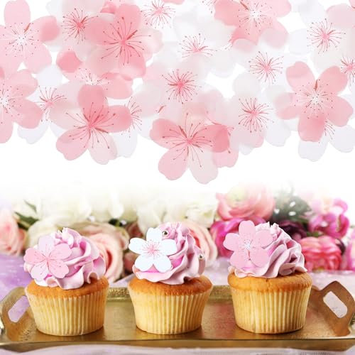 60 Stück Torten Deko Blumen, Tortendeko Blumen, Essbare Blüten Tortendeko Rosa Kirschblüten Deko Essbar aus Esspapier Cupcake Kuchendekoration für Hochzeit Geburtstag Party Baby Dusche Zubehör
