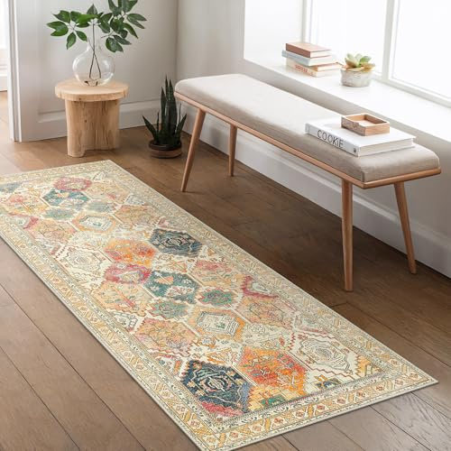 BEIMO Washable Rug 60x120cm Orange Non-Slip Boho Doorway Mat Multi Jewel | Boho Orange Rug, 60XWashable, Non-slip, Low Pile for Doorway, Entryway, Bathroom, Bedside