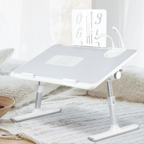 Supfine Table de Lit pour Ordinateur Portable, Support Réglable en Hauteur et Angle, Platede Lit avec Tiroir, Refroidisseur PC Intégré, pour Canapé, Bureau, Sol (Gris, 60 * 40 * 40 cm)