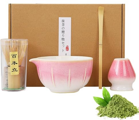 WDKXCN Matcha Whisk Set, Matcha Tea Set, Matcha Set Whisk and Bowl, Scoop, Spoon, Sifter, Matcha Whisk Holder, Matcha Kit for Matcha Tea Ceremony (Pink B)