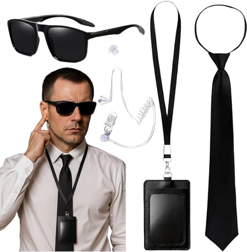 AWAVM 5-piece secret agent costume accessory set, secret security uniform set, spy costume accessories, including thin-frame glasses, tie, communication earpiece accessorieults, suitable for Halloween