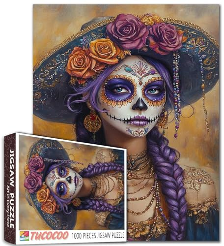 Wunderschönes mexikanisches Frauen-Puzzle, 1000 Teile, für Erwachsene, Studenten, Tag der Toten, Thema, lila, geflochtenes Haar, Zuckerschädel, Make-up, traditionelle Kleidung, Kunst, 50,8 x 68,9 cm