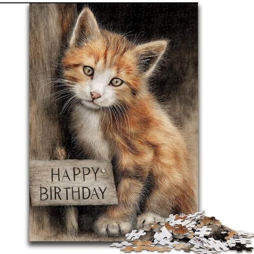 Jigsaw Puzzles for Adults, 1000 Piece Happy Birthday Cat Wooden Jigsaw Puzzles for Adults 50X75CM Family Interactive Game, Craft Gift with Colorful Artwork