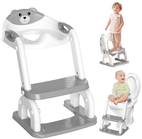 Riduttore wc Bambini, Scaletta WC 2 in 1 con Scaletta, Pieghevole e Regolabile, Cuscino PVC Morbido, Antiscivolo, Adatto per Tazze V/U/O (Grigio)