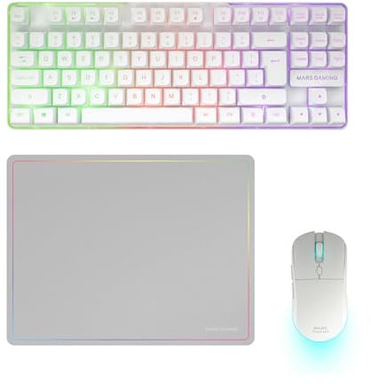 Mars Gaming MCPWTKL, Anglais US, Combo Gaming sans Fil, Technologie DualPro Link 2.4GPRO, Clavier TKL FRGB Rainbow + Souris RGB 3200DPI avec Switches HUANO + Tapis Antidérapant 360x260mm, Blanc