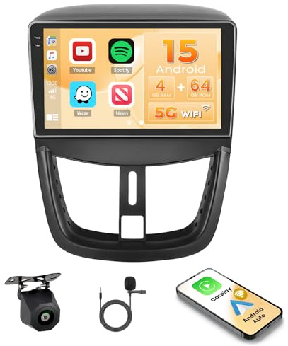 Hikity Android 15 Autoradio für Peugeot 207 2009-2013 9 Zoll CarPlay GPS | 4+64G, Incell Touchscreen, Wireless CarPlay, Android Auto, BT, GPS, WiFi, FM/RDS, Rückfahrkamera, MIC.