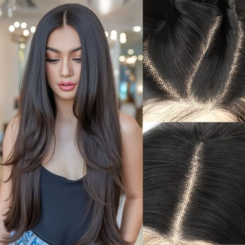 FASHION IDOL Perücke für Frauen Synthetische Spitze Front Tür Vorhang Pony in der Split Lace Hair Stitching Layered Farbe Perücke (Schwarz, 65CM)