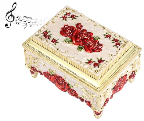 SUMTree Vintage Music Box Metall Schmuckschatulle mit Spieluhr Quadratische Schmuckbox Weiss Schmuckkästen mit Rot Blumen Schmuckaufbewahrung Organizer für Ring Armband Ohrringe Damen Geschenk