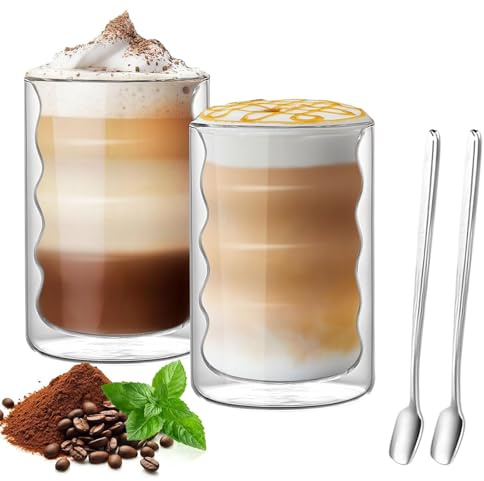 ZkateTrade Latte Macchiato Bubble Juego de 2 vasos de café de doble pared de 400 ml con 2 cucharas, vasos térmicos para latte macchiato, té, leche y cerveza