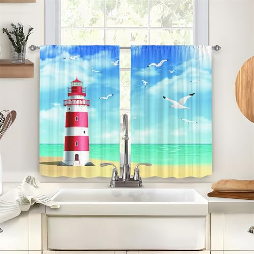 Treer Scheibengardine Bistrogardine 2 Stück Strand Drucken Gardinen Kurz Vorhänge Verdunklungsvorhänge, Vorhang Blickdicht Waschbar Curtains für Küchen & Schlafzimmer (Leuchtturm,140x175cm)