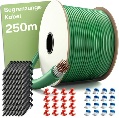 Praknu Câble Robot Tondeuse 250 m – Fil Périphérique – Connecteurs Inclus | Fonctionne avec toutes les marques de robots, grande longueur pour les terrains étendus, tout est prêt à poser