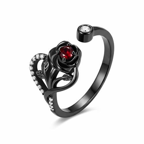 DAYLINLOVE Schwarze Rose Ring 925 Sterling Silber Gothic Rot Herz/Kreuz Daumen Ring Goth Rose Schmuck Geschenke für Damen Frauen Mädchen Mama