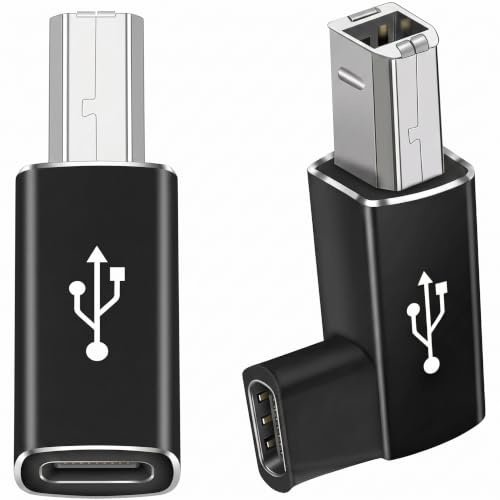 Adaptateur USB B vers USB C, Cable USB B vers USB C pour Transfert de Donnees, Adaptateur USB C vers USB B Angle Droit et Coude, Convertisseur MIDI pour Clavier Electronique, Lot de 2 Pieces Noir