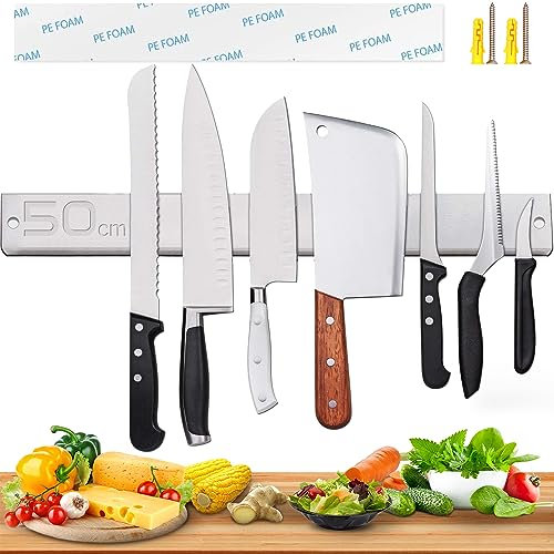 Barra Magnetica per Coltelli da 50 CM, Portacoltelli Magnetico in Acciaio Inox, Barra Magnetica da Parete Extra Forte, Installazione Semplice con Adesivo senza Fori, per una Cucina Ben Organizzata