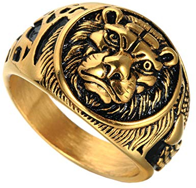 HIJONES Herren 316l Edelstahl Gothic Biker Löwe Siegelring Gold Schwarz Größe 70