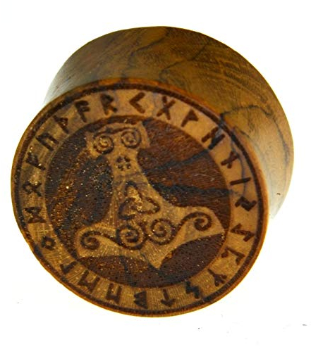Flesh Holz Plug Mjölnir Viking Wikinger Kelten Triskele Thors Hammer mit Runen Ring, double flared Tunnel Expander Dehner aus Teakholz in braun, unisex Lobes Piercing Laser Gravur, 10mm - 20mm