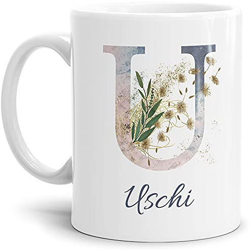 Tasse mit Buchstabe U und Blumen - mit Name personalisiert - Initiale, Namens-Tasse, Buchstaben Tasse, Geschenk I Keramik Weiß, 300 ml