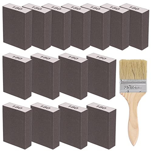 Glarks 16Pcs 180 Grit Sanding Sponge Kit 15Pcs 10x7x2.5CM Washable and Reusable Sanding Blocks and 1Pc Paint Brush Ideal for Wood Working, Drywall Metal Polishing