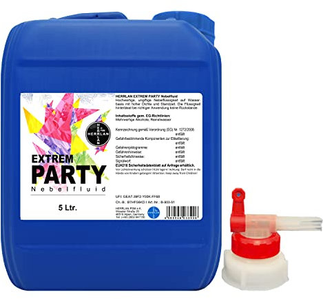 HERRLAN® EXTREM PARTY Fluide à fumée 5 litres avec 1 x AGH – Liquide à fumée à base d'eau à haute densité et longue durée de vie – Sans résidus et sans odeur – Fabriqué en Allemagne – Produit frais