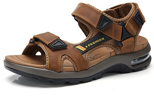 LOOMLO Sandales pour Hommes en Cuir avec Orteils Découverts, Sandales de Randonnée pour l'Extérieur, Sandales d'Été de Sport, marron clair, 41 EU