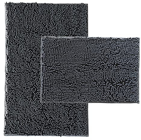 RUN HELIX Badematte Set, Weiche Chenille rutschfeste BadTeppich, 50x80 cm Badematte, 40x60cm Saugfähiges Badezimmer Teppiche, Dunkelgrau