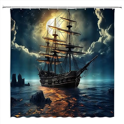 FGYGYK Pirate Ship Shower Curtain Nautical Vintage Ghost Sailboat Sailing Fantasy Ocean Full Moon Adventure Themed Polyester Curtains Bathroom Decor with Hooks 70 Wx70 H