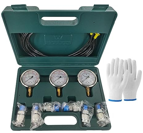 Shkalacar Hydraulik Manometer Kit, Hydraulik Messkoffer mit 6 Prüfkupplungen, 3 Manometern, 3 Prüfschläuchen, 63 mm Druckluftmanometer für Bagger Baumaschinen