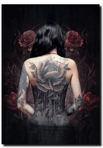 STYLER Leinwandbild Tattoo 70 x 100 cm (AUFHÄNGFERTIG) I Rückenansicht mit floraler Kunst I Tattoo Schwarz-Weiß I Leinwand Bild Wandbild Wohnzimmer Schlafzimmer Flur