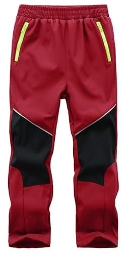 Zzkouine Kinder Softshellhose Schneehose Skihose Warme Hosen Jungen Mädchen Winterhose Outdoorhose Wanderhose, Rot/Schwarz 164-170