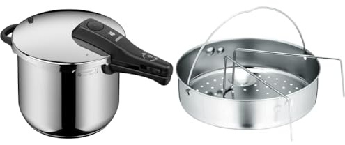 WMF Perfect Schnellkochtopf Induktion 6 & Schnellkochtopf-Zubehör Set 2-teilig, Einsatz gelocht mit Einsatzsteg, für Schnellkochtöpfe 3,0-8,5l, Cromargan Edelstahl, spülmaschinengeeignet
