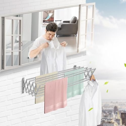 Sinbide Wäscheständer Wandmontage, Wäschetrockner Wand ausziehbar mit 9 Stangen, Wandtrockner aus Metall, Klappbar und ausziehbar-platzsparender Akkordeon Trockenständer zur Wandmontage (100cm)