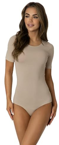 Alkato Body Damen Kurzarm aus Baumwolle – Bequemer Damen Body mit Rundhalsausschnitt und Druckknopfverschluss, Farbe: Beige, Größe: XS (Short 158-164 cm)